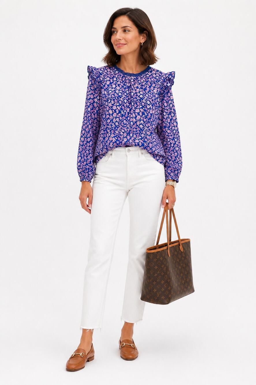 J Crew Re Imagined Blue Pink Floral Ruffle Shoulder Cotton Blouse Size M